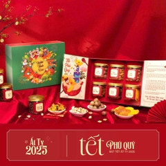 SET QUÀ 19 ( Gồm hộp quà, macca nứt vỏ, hạnh nhân sấy bơ, nho khô, xoài sấy dẻo, khô gà lá chanh, hạt dưa)