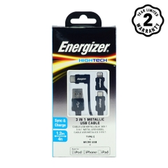 Cáp 3 in 1 Energizer Metallic Lightning-Micro-Type C 1.2m - C13UBX3CFBK4