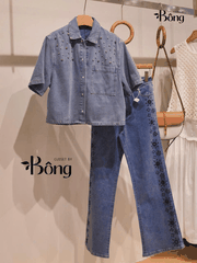 Áo denim Maje ngắn tay đính hạt bling