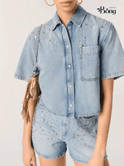 Áo denim Maje ngắn tay đính hạt bling