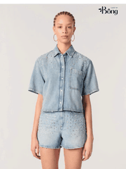 Áo denim Maje ngắn tay đính hạt bling