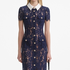 Váy midi cổ ren tương phản màu xanh navy