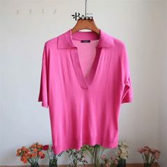 Áo thun len cổ V hồng sáng
