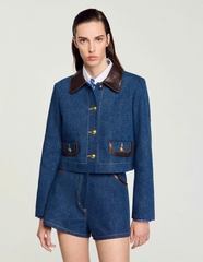 Áo khoác Sandro denim viền da nâu (tách set)