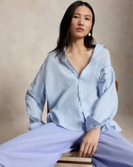 Sơ mi Polo linen kẻ cổ đức túi ngực logo 2 màu