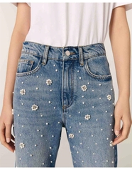 QUẦN JEAN DENIM ỐNG RỘNG ĐÍNH CƯỜM HOA PERLA