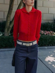 Cardigan dáng crop cổ bẻ khuy bọc màu đỏ