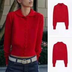 Cardigan dáng crop cổ bẻ khuy bọc màu đỏ