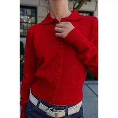 Cardigan dáng crop cổ bẻ khuy bọc màu đỏ