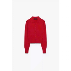 Cardigan dáng crop cổ bẻ khuy bọc màu đỏ