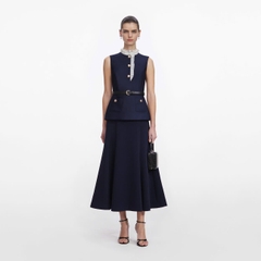 ĐẦM MIDI XẾP LY TƯƠNG PHẢN BẰNG VẢI TAFFETA MÀU XANH HẢI QUÂN