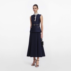 ĐẦM MIDI XẾP LY TƯƠNG PHẢN BẰNG VẢI TAFFETA MÀU XANH HẢI QUÂN