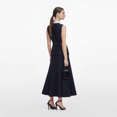 ĐẦM MIDI XẾP LY TƯƠNG PHẢN BẰNG VẢI TAFFETA MÀU XANH HẢI QUÂN