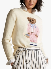 Áo len Polo Bear trắng gấu mặc áo khoác hồng