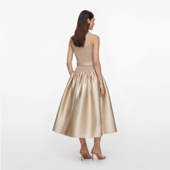 ĐẦM MIDI SELF -PORTRAI DỆT KIM KHÔNG TAY MÀU VÀNG ÁNH KIM BẰNG VẢI TAFFETA