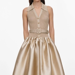 ĐẦM MIDI SELF -PORTRAI DỆT KIM KHÔNG TAY MÀU VÀNG ÁNH KIM BẰNG VẢI TAFFETA