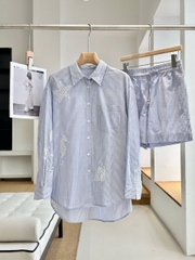 Set ICICLE kẻ xanh Sơ mi mix Quần short ren chỉ trắng
