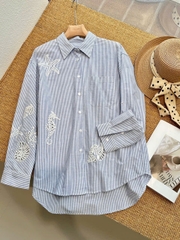 Set ICICLE kẻ xanh Sơ mi mix Quần short ren chỉ trắng