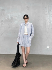 Set ICICLE kẻ xanh Sơ mi mix Quần short ren chỉ trắng