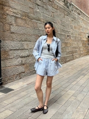 Set ICICLE kẻ xanh Sơ mi mix Quần short ren chỉ trắng