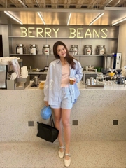 Set ICICLE kẻ xanh Sơ mi mix Quần short ren chỉ trắng