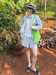 Set ICICLE kẻ xanh Sơ mi mix Quần short ren chỉ trắng