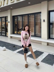Áo len WHOAU cổ tròn len wool 2 màu hoạ tiết gấu thêu Freesize