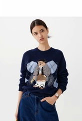 Áo len WHOAU cổ tròn len wool 2 màu hoạ tiết gấu thêu Freesize
