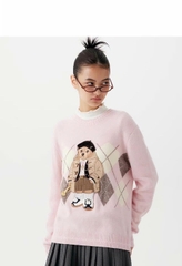 Áo len WHOAU cổ tròn len wool 2 màu hoạ tiết gấu thêu Freesize