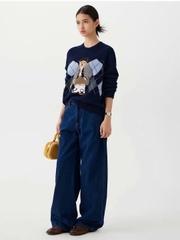 Áo len WHOAU cổ tròn len wool 2 màu hoạ tiết gấu thêu Freesize