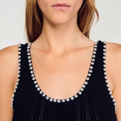 Váy maxi Sandro knit đen viền ngọc trai trắng
