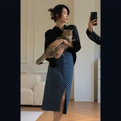 Chân váy denim MLB dáng midi màu nhạt