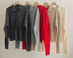 Áo khoác cardigan POLO RL dệt kiểu cáp vặn thừng, chất liệu cotton, cổ polo