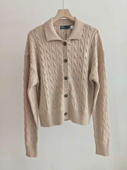 Áo khoác cardigan POLO RL dệt kiểu cáp vặn thừng, chất liệu cotton, cổ polo
