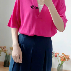 Áo thun len cổ V hồng sáng