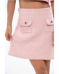 Áo khoác cardigan hiệu ứng melange/Váy ngắn đan len màu hồng dành cho nữ với chi tiết hiệu ứng vàng