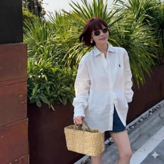 Sơ mi POLO RL trắng 100% linen cổ tay hoa xanh