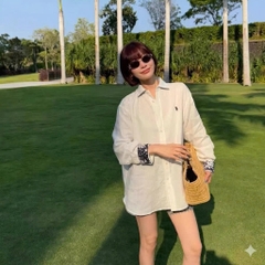 Sơ mi POLO RL trắng 100% linen cổ tay hoa xanh