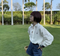 Sơ mi POLO RL trắng 100% linen cổ tay hoa xanh