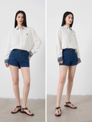 Sơ mi POLO RL trắng 100% linen cổ tay hoa xanh
