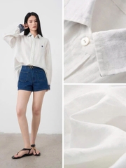 Sơ mi POLO RL trắng 100% linen cổ tay hoa xanh