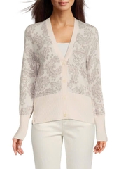 Cardigan Thom Browne họa tiết paisley xám viền kem