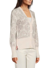 Cardigan Thom Browne họa tiết paisley xám viền kem