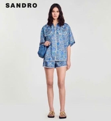 Set lụa Sandro hoa xanh Áo sơ mi + Quần short