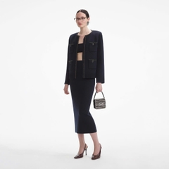 Áo khoác len cardigan đính họa tiết xanh navy