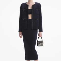 Áo khoác len cardigan đính họa tiết xanh navy