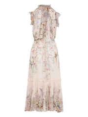 Đầm maxi chiffon in họa tiết xếp nếp