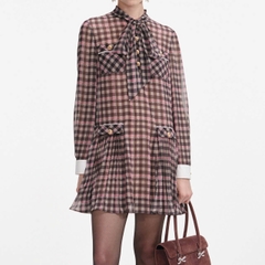 VÁY MINI CHIFFON KẺ CARO NÂU