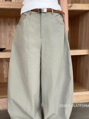 Quần suông T-Flatform khaki linen ống cong 4 màu kèm belt (W216190)