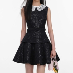 VÁY NGẮN MÀU ĐEN ĐÍNH SEQUIN BẰNG VẢI BOUCLE